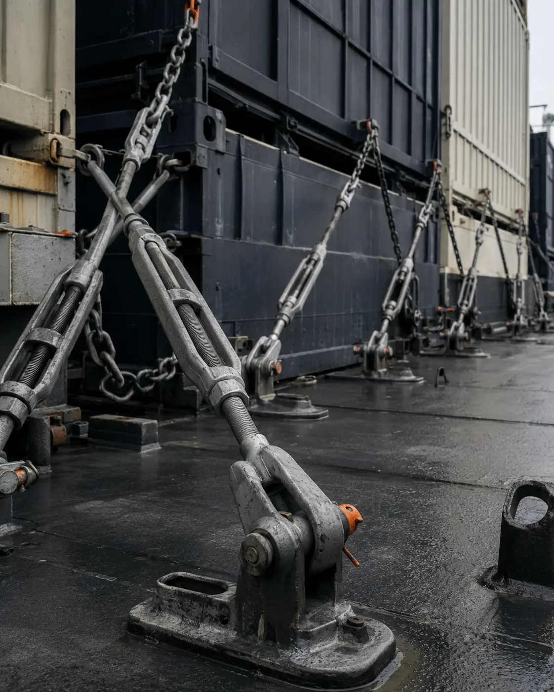 Cargo lashing hardware securing a load on deck
