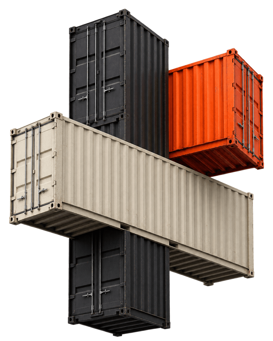 Stacked shipping container assembly, cut out against a plain background