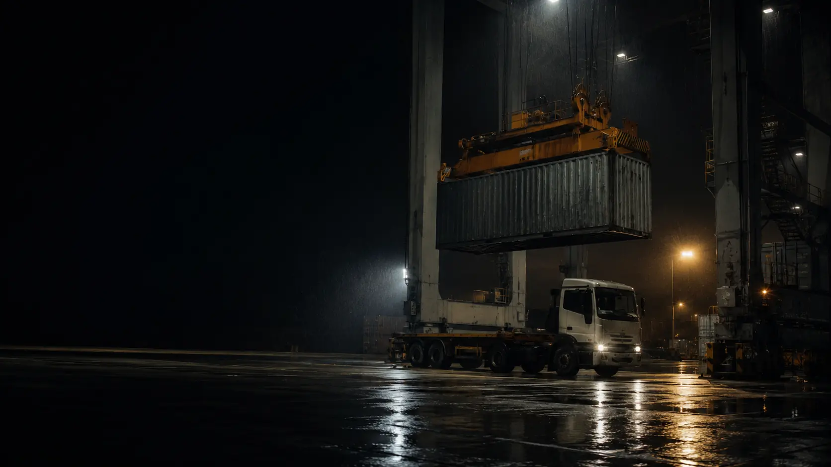 Port terminal operating at night under floodlights