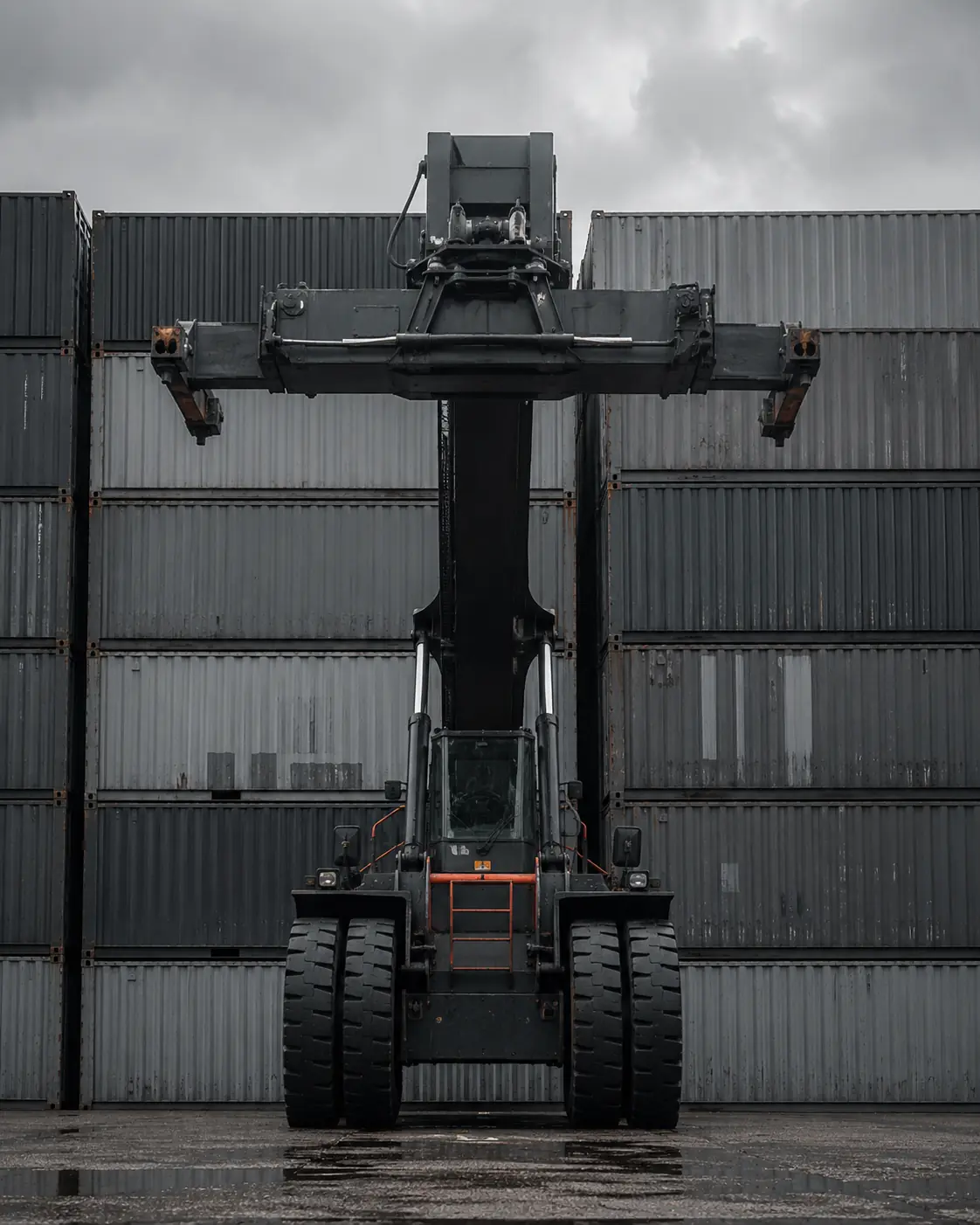 Reach stacker moving a container across a yard