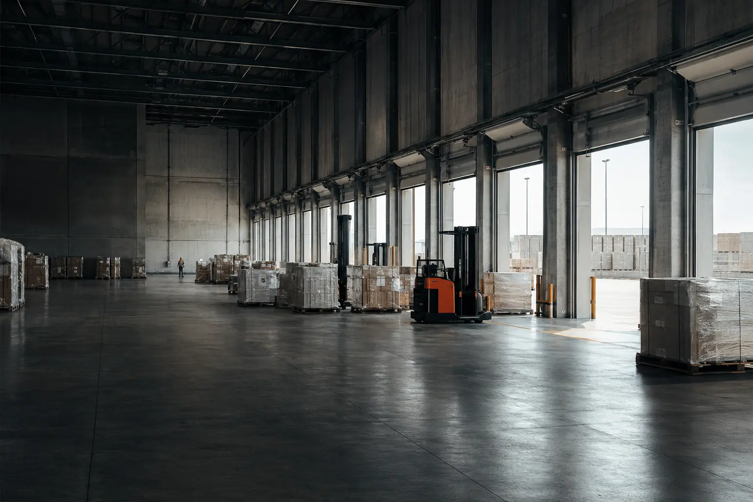 Interior of a warehouse with racking and stored pallets